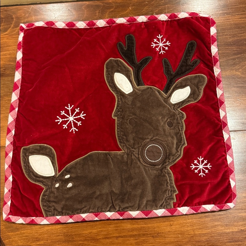 Pottery Barn Kids Red Velvet Reindeer 16”x16” Square Pillow Cover Holiday Winter